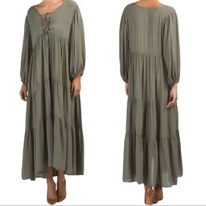 Young Fabulous & Broke / olive green tier maxi Dawn lace up long sleeve Dress xs